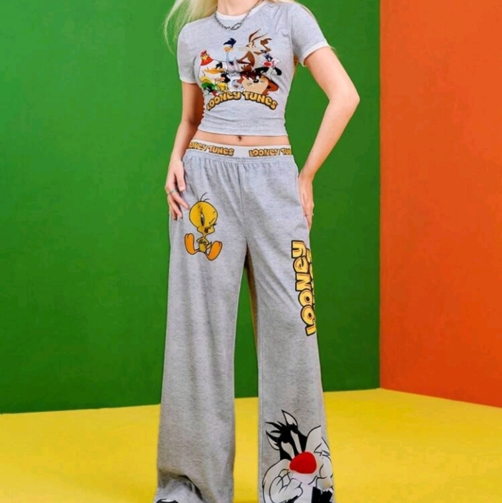 New Stylish Gray Wide Leg Pants With Looney Tunes Graphics Top. Features Tweety